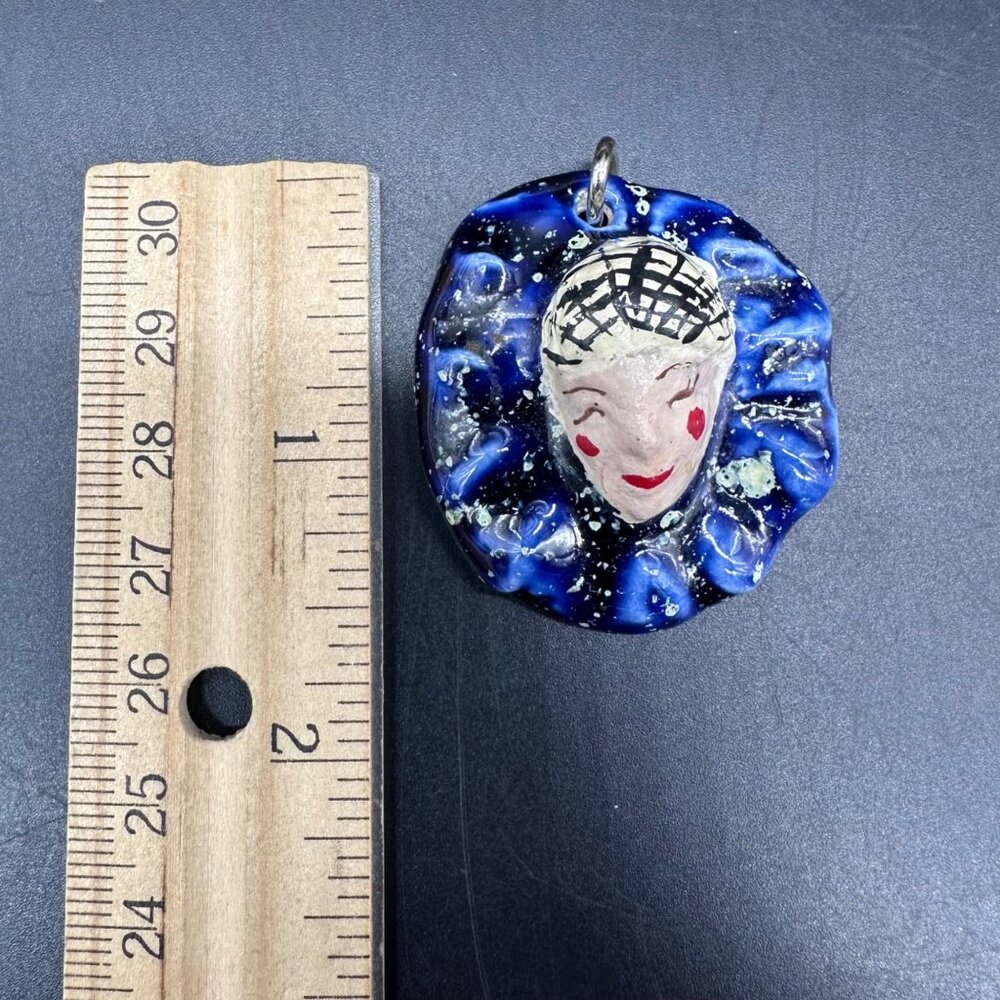 Vintage Harlequin Clown Pendant Bold Blue Cosmic Ceramic Charm Quirky Handmade - Picture 7 of 7